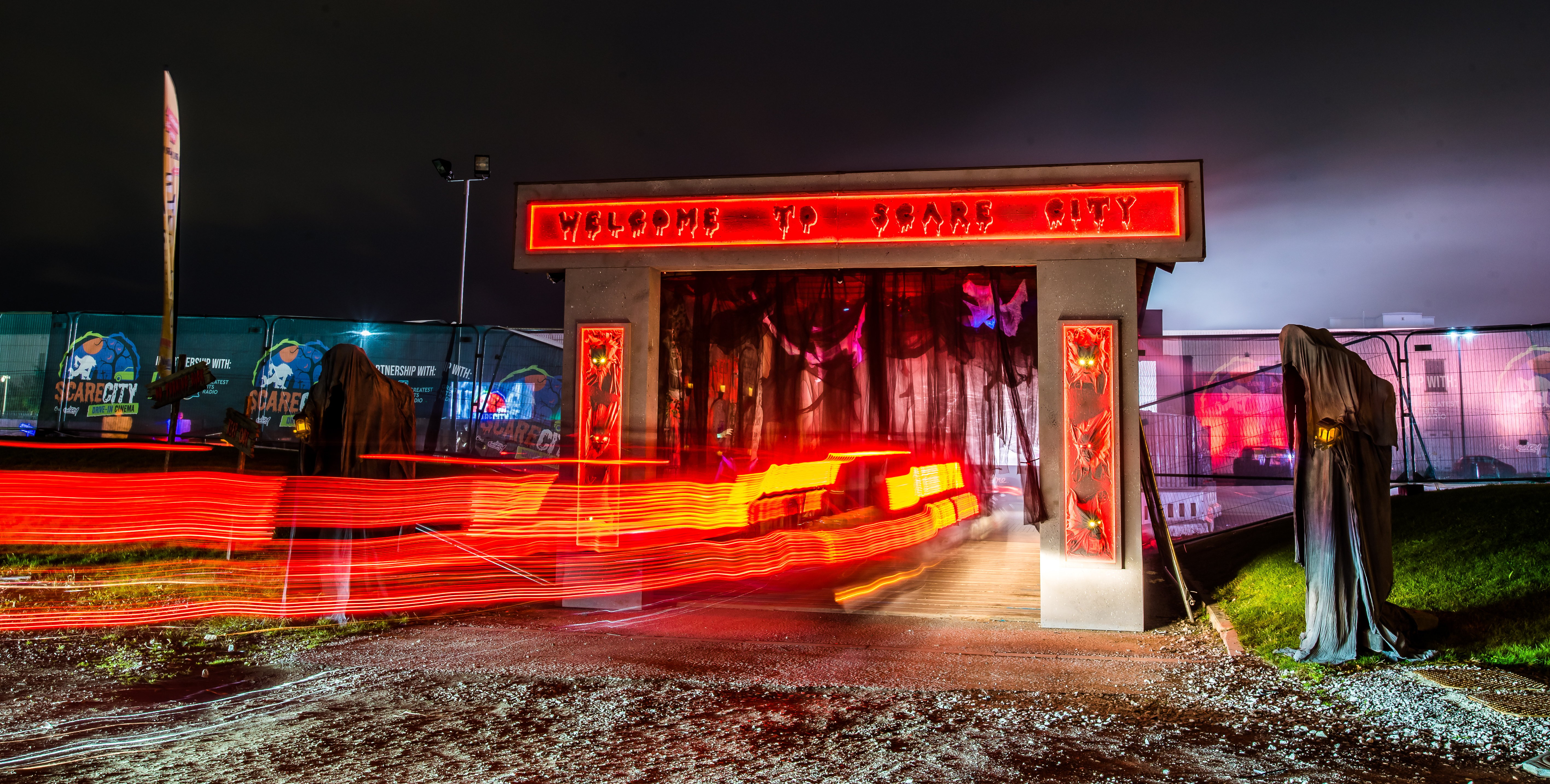 Halloween setup at Scarecity by Visual Architects with horror movie props and eerie decorations